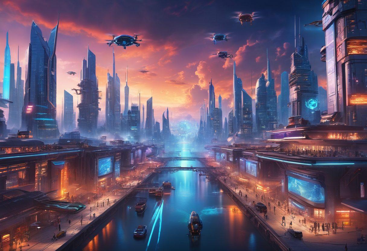 A futuristic city skyline featuring advanced technology and innovative industries, with glowing buildings and drones in the sky, showcasing diverse people interacting with cutting-edge gadgets. Include elements symbolizing transformation, such as gears and light beams. The atmosphere should be dynamic and inspiring, illustrating progress and innovation. cyberpunk. vibrant colors. 3D.