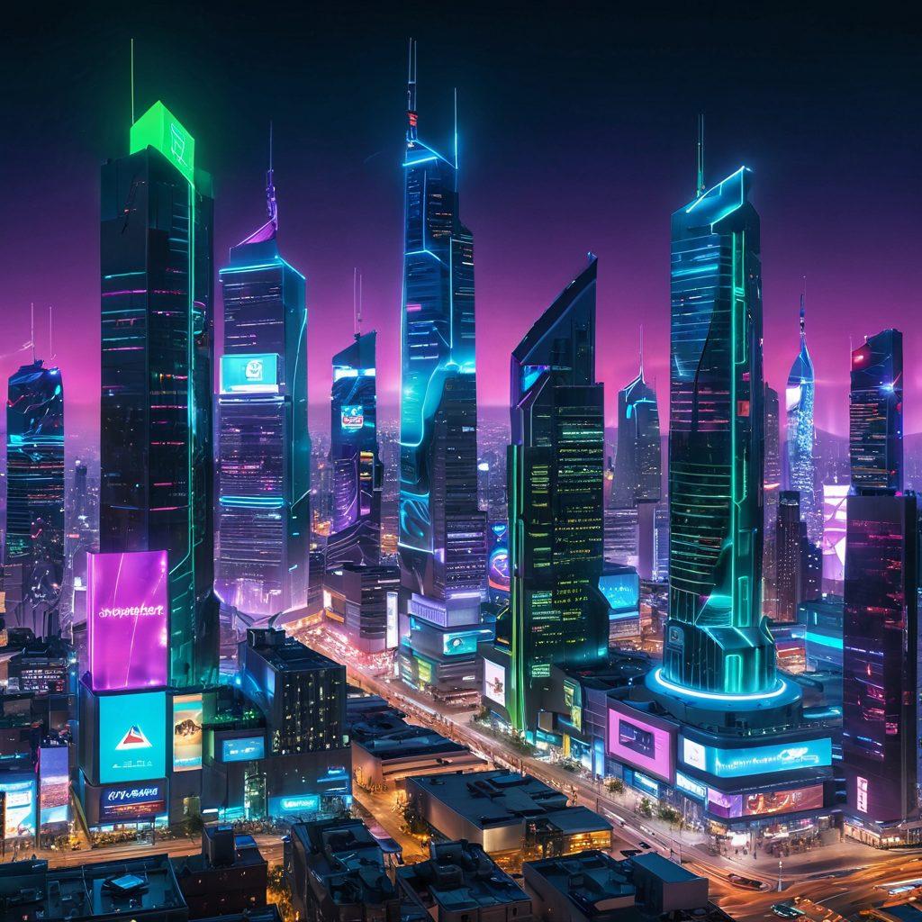 A futuristic city skyline with Tigon Technology's innovative buildings featuring sleek, high-tech designs, glowing with neon lights. In the foreground, a diverse group of people engaging with advanced gadgets, showcasing the integration of technology in daily life. The sky is dotted with drones and digital advertisements, emphasizing progress. The color palette should be vibrant with a mix of blues, purples, and greens. cyberpunk. vibrant colors.
